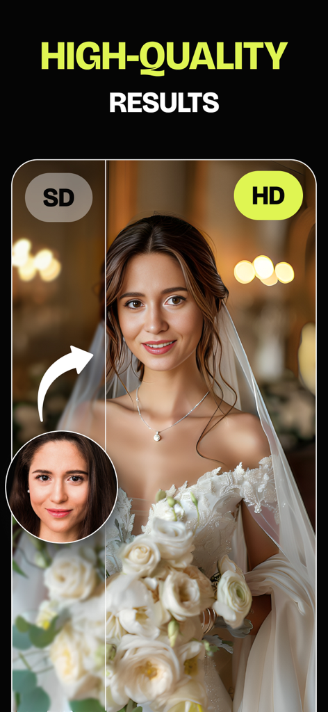 FaceSwap Studio: Video + Photo - FaceSwap Studio app demonstration showing high quality HD face swap results on a bridal photo