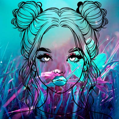 realistic girl with two buns in hair and lips