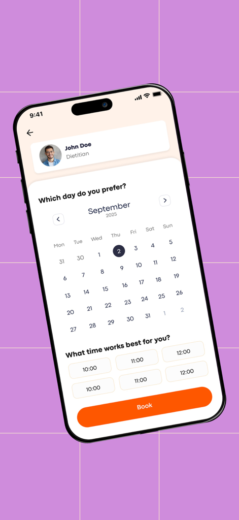Fodo Diet - A mobile app screen for booking a nutritionist appointment with a calendar and time slots.