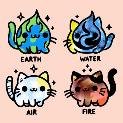 4 cats that represent the different elements, earth, water, air, and fire
