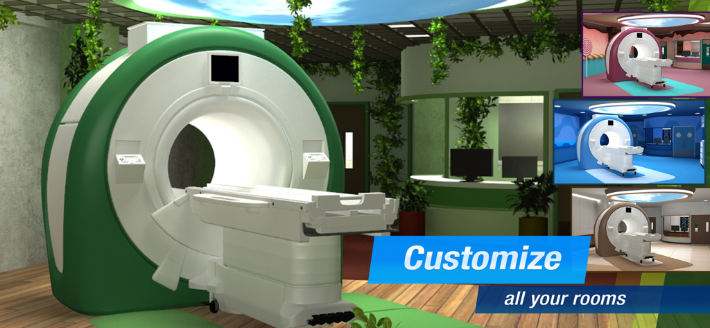 A screen from Operate Now Hospital showing customization options for an MRI machine and room themes like jungle candy and futuristic styles