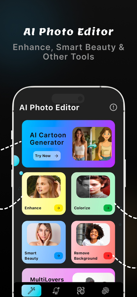 Home screen of the AI Photo Editor app featuring cartoon generation and enhancement tools