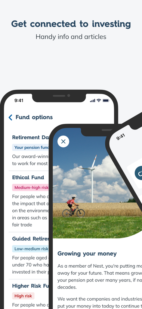 Interfaz de la aplicación Nest Pensions que muestra varias opciones de fondos de inversión y un artículo informativo sobre el crecimiento de los ahorros para la jubilación.