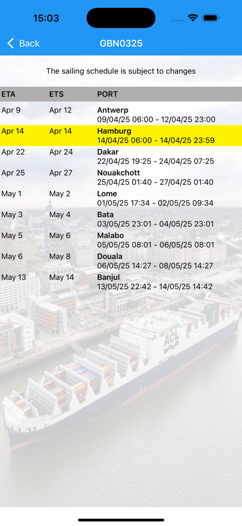 Grimaldi Cargo Mobile - Sailing schedule list with port arrival and departure times in the Grimaldi Cargo Mobile app