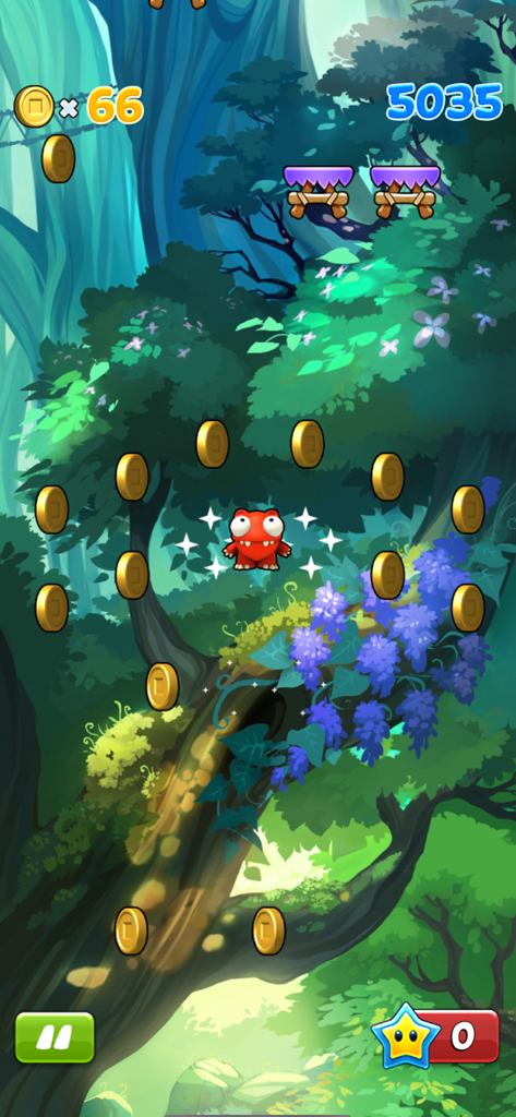 Mega Jump Halfbrick+ - Redford jumping through a circle of gold coins in a vibrant forest landscape in Mega Jump Halfbrick plus.