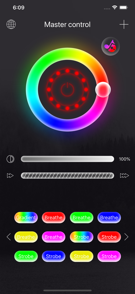 istrip plus app master control screen featuring a color wheel and lighting effect buttons for led strips