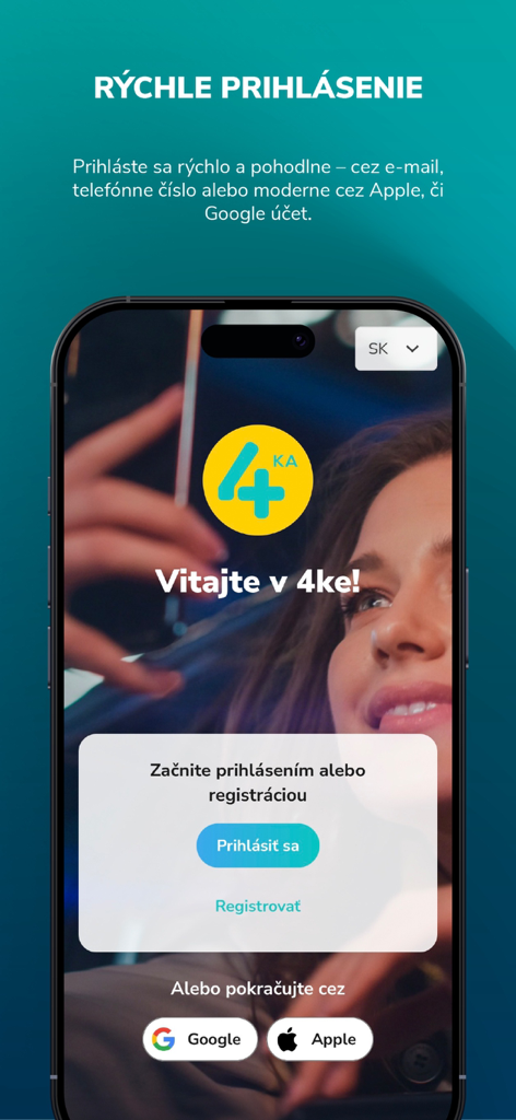 Tela de login do aplicativo Moja 4ka com opções de login do Google e Apple