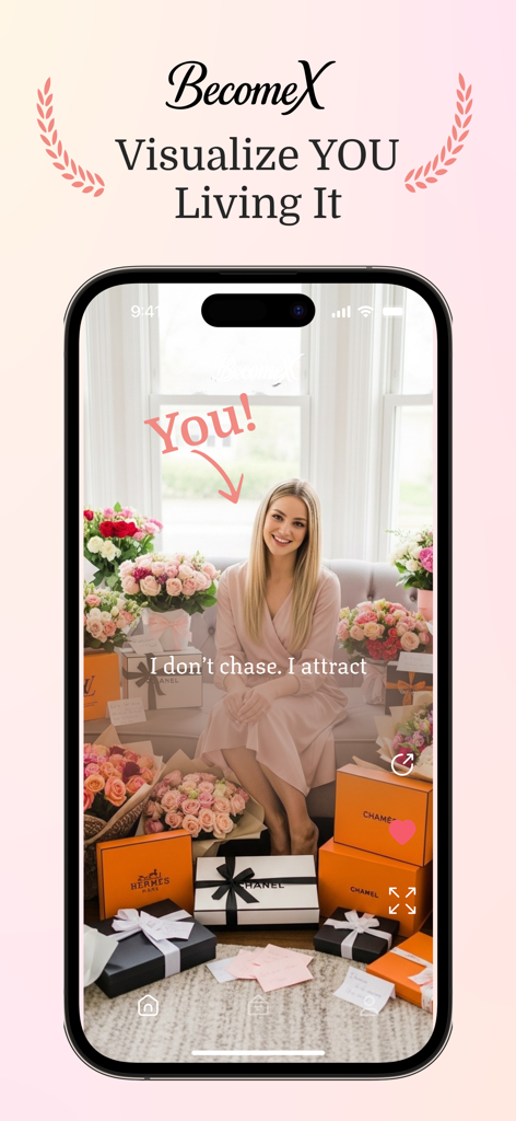 BecomeX: AI Vision Board - BecomeX app interface showing a personalized AI vision board of a woman surrounded by luxury gifts and flowers with an affirmation