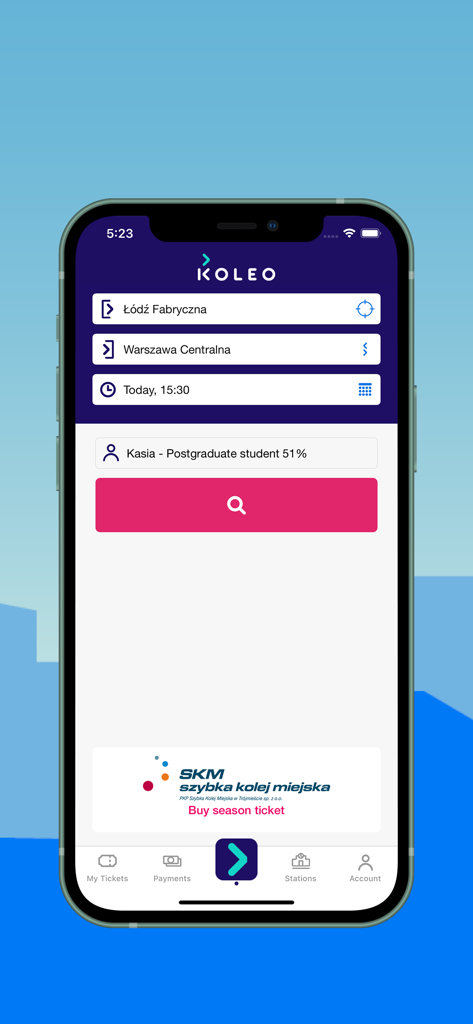 KOLEO mobile app interface showing a train search from Lodz Fabryczna to Warsaw Centralna on an iPhone.