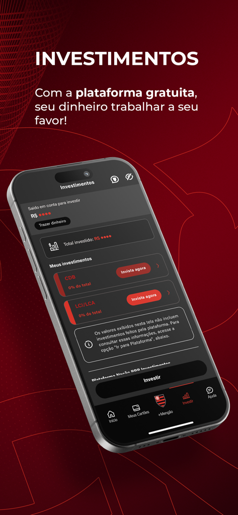 Nação BRB FLA: Banco da Nação - Mobile app interface showing the investment section of Nação BRB FLA banking app