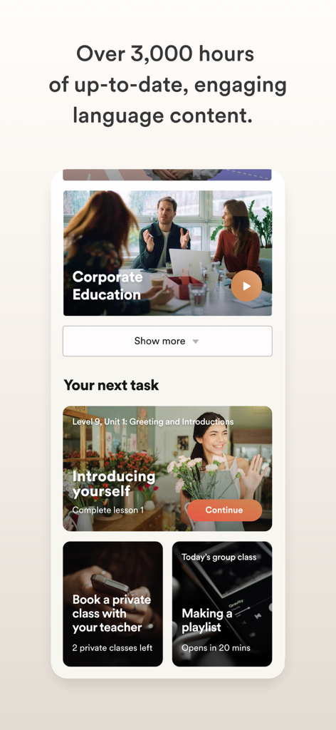 Oberfläche der EF Corporate Learning App mit Modulen für Sprachunterricht, privater Kursbuchung und Zeitplänen für Gruppensitzungen.