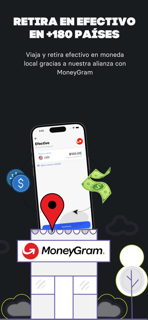 Meru | Cuenta en dólares - Meru app interface showing cash withdrawal options in over 180 countries through a partnership with MoneyGram.