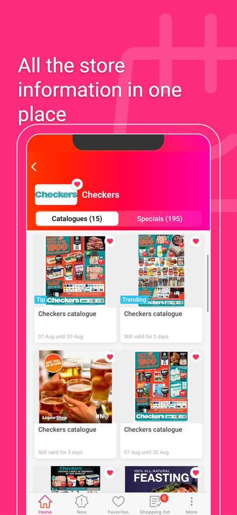 Cataloguespecials.co.za - Cataloguespecialsアプリのインターフェース。Checkers小売店の複数のデジタルショッピングカタログが表示されています。