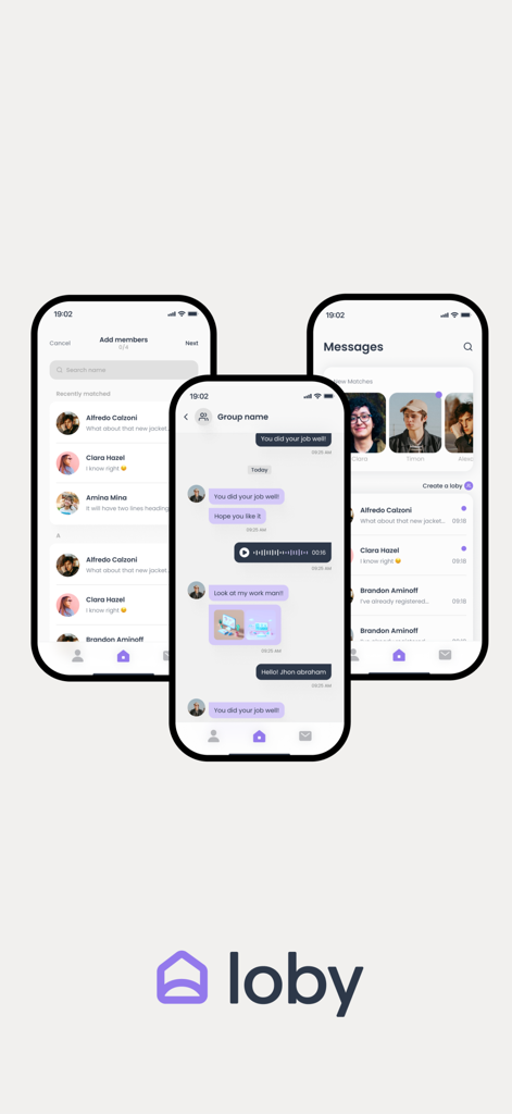 Three smartphone screens displaying the Loby app roommate matching and group chat interface