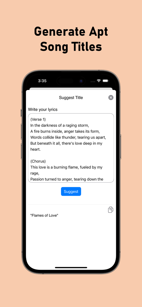 Interfaz de la aplicación AI Lyric Generator que sugiere un título de canción basado en las letras proporcionadas por el usuario.
