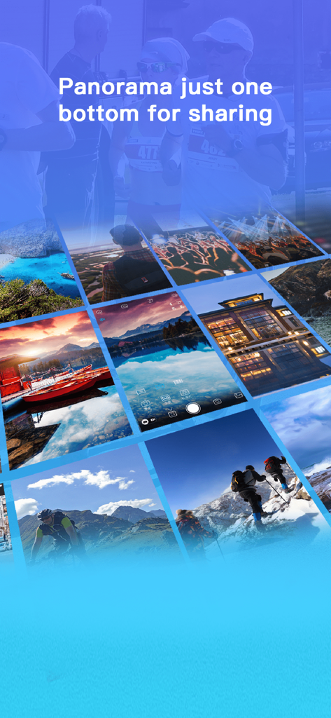 Gimbal Pro - Gimbal Proアプリのインターフェースに、旅行やアクションの写真コラージュが表示されたパノラマ共有機能が表示されている