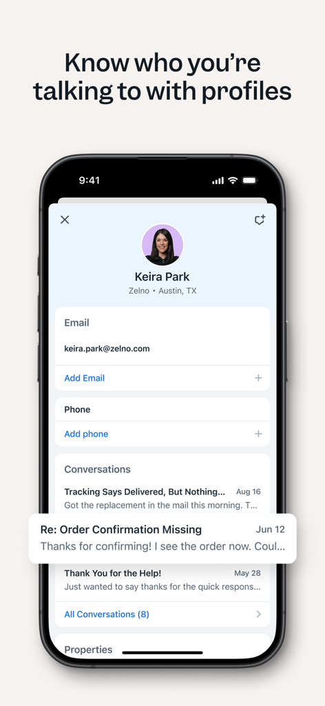 Aplicación Help Scout que muestra el perfil de un cliente con información de contacto y una lista de conversaciones anteriores