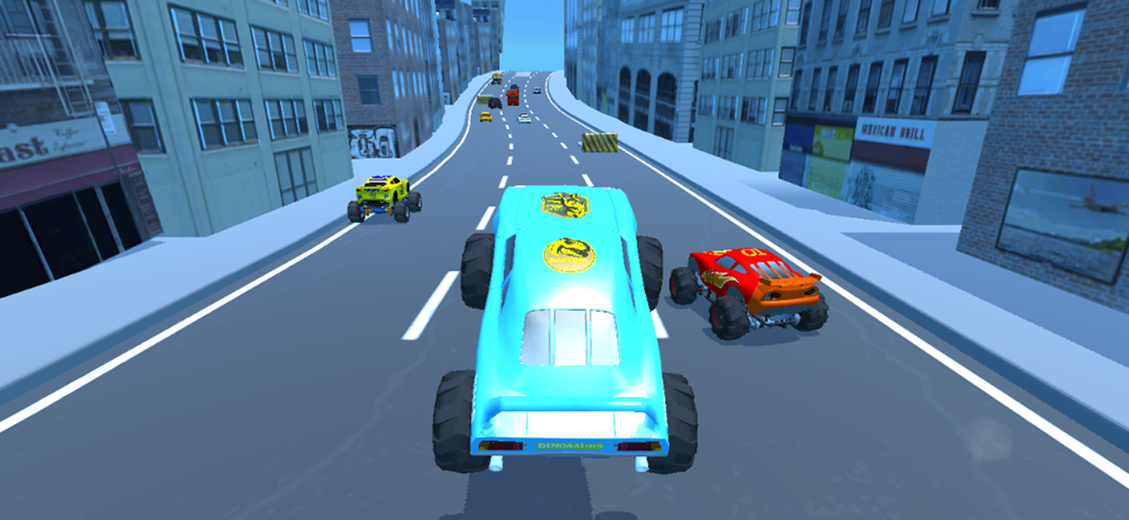 Super Monster Truck Racing - A light blue monster truck racing through a city street alongside a red lightning racer truck.