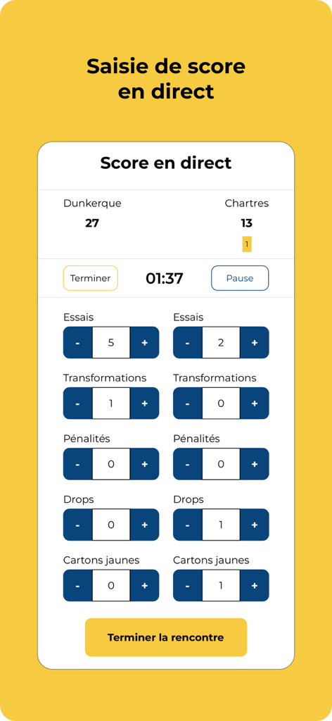 Live rugby scoring screen in the Easy Comp app with options for tries conversions and penalties