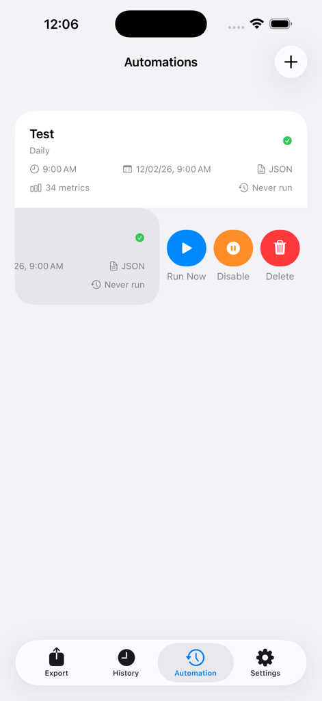 Health Data Export - Interface showing a scheduled daily health data export automation in JSON format with options to run now, disable, or delete.