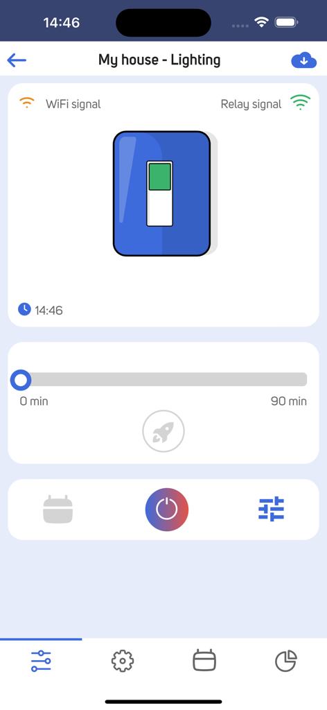 Dashboard der proSmart-App zur Lichtsteuerung mit einem Hauptschalter und einem Schieberegler für die Dauer.