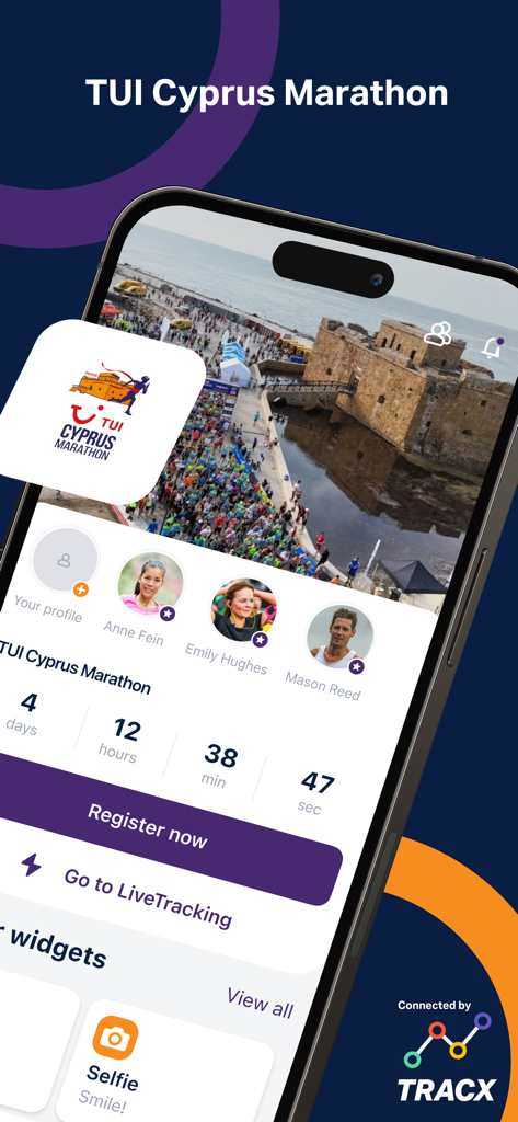 TUI Cyprus Marathon - Pantalla de inicio de la aplicación TUI Cyprus Marathon con temporizador de cuenta regresiva del evento y opciones de rastreo en vivo