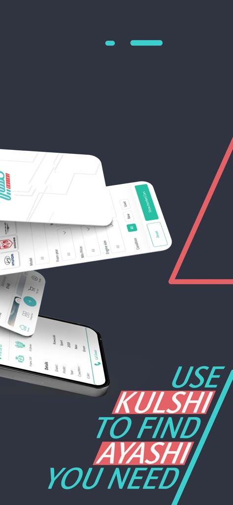 Kulshi Online كلشي اونلاين - Kulshi Online mobile app interface showing car listings and advanced search filters