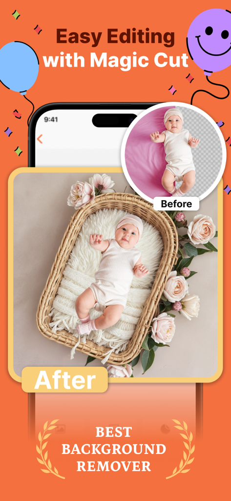 Miracle: Baby Photo Editor - Captura de pantalla de la aplicación Miracle que demuestra la función de eliminación de fondo con IA para fotos de bebés