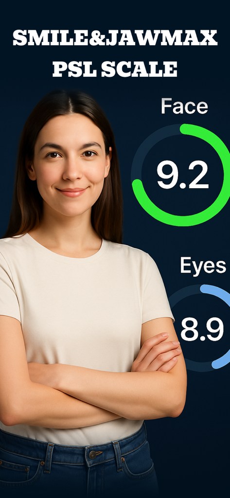 A facial attractiveness analysis screen from the LooksMax AI app showing a face score of 9.2 and eye score of 8.9 on the PSL scale.