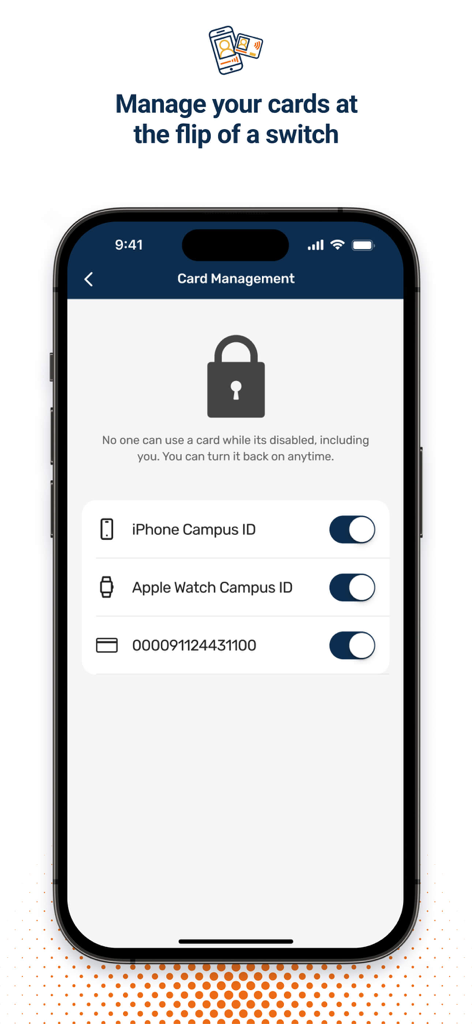 Transact eAccounts - An iPhone showing the card management screen of the Transact eAccounts app with toggle switches to enable or disable digital campus IDs.