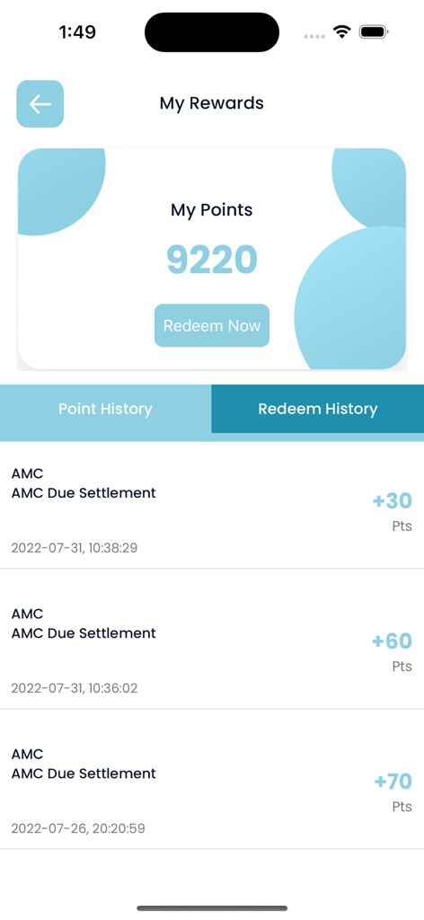 My Coolpex - My Coolpex app rewards dashboard showing point balance and settlement history