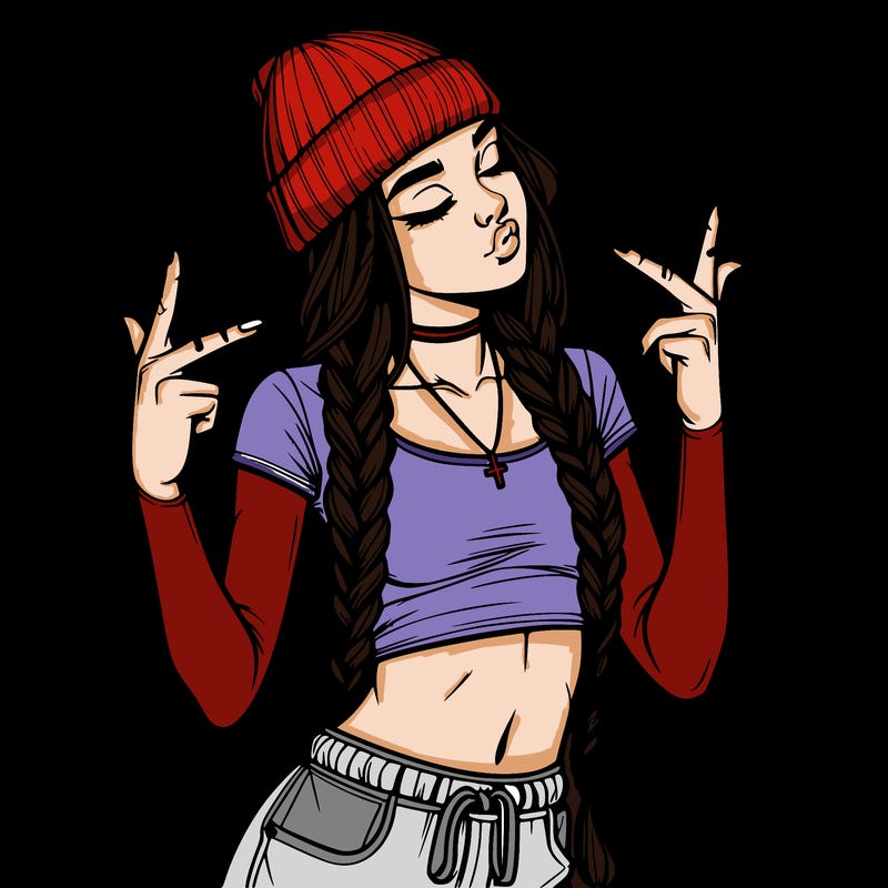realistic teenage girl with braids and a beanie and crop top doing 🫶🏼