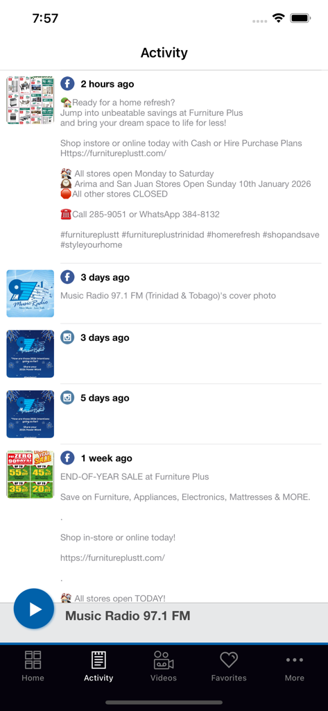 Feed de atividade do aplicativo Music Radio 97.1 FM mostrando postagens de mídia social e atualizações da comunidade.