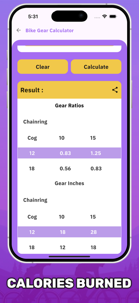 Cycling Calculators for Bike - Interface showing bicycle gear ratios and gear inches calculations