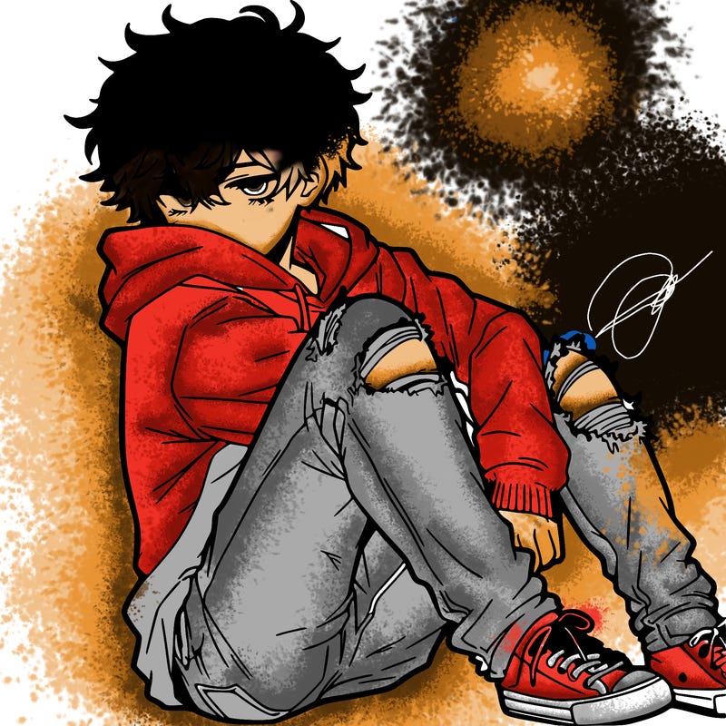 a male hoddie ripped jeans messy hair anime