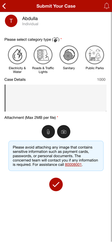 Interfaz de la aplicación Tawasul para enviar un caso gubernamental mostrando categorías de servicios como electricidad, carreteras y parques públicos.