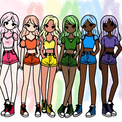 a group of girls wearing crop tops and shorts