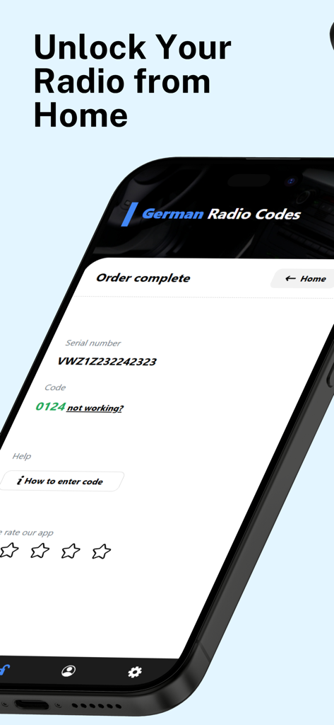 Radio Codes - German Cars - A smartphone screen showing a completed order for a car radio unlock code with the serial number and result.