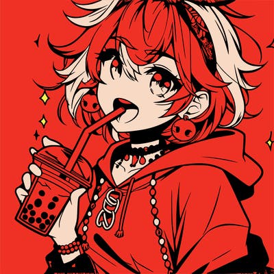 hot baddie anime girl drinking boba and biting the straw