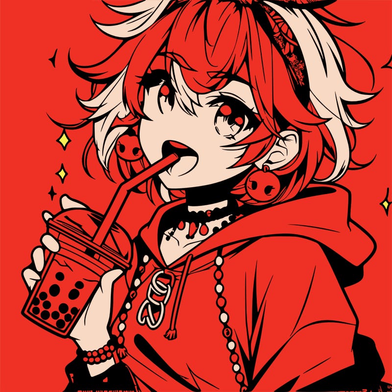hot baddie anime girl drinking boba and biting the straw