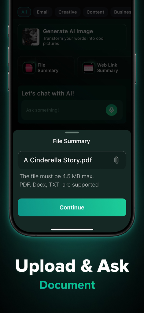 ChatPod - AI Chatbot Assistant - Interface of ChatPod AI app showing the file summary feature with a PDF document uploaded for processing