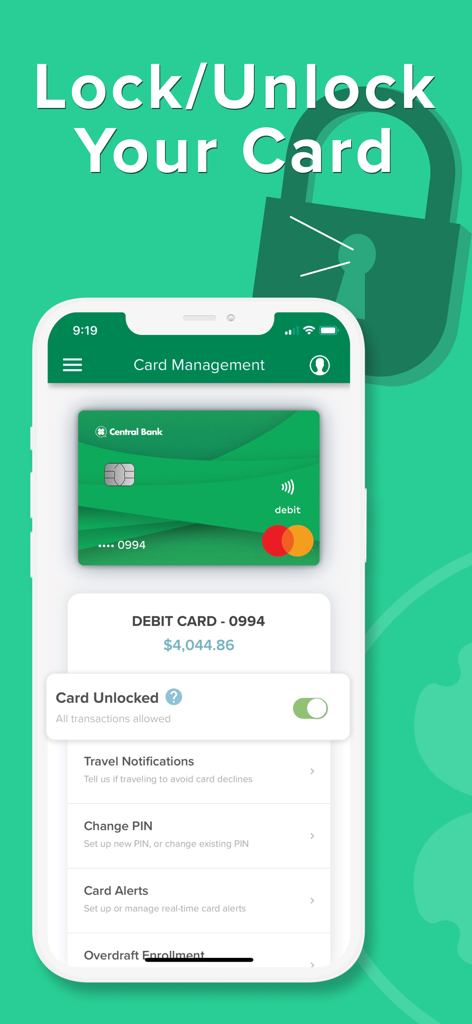 Central Bank - Mobile - Central Bank mobile app card management screen showing a toggle to lock or unlock a debit card for security.