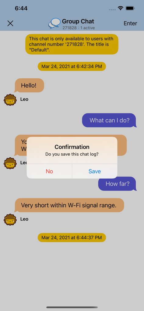 xChatz app interface showing a group chat window and a prompt to save the chat log.