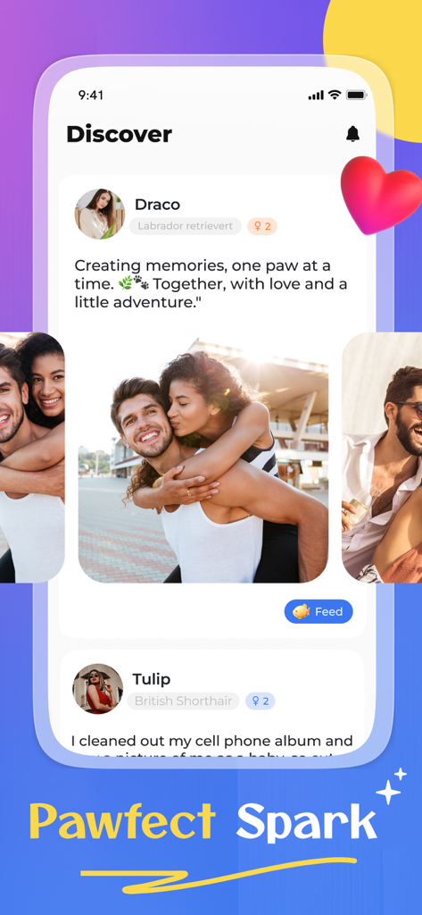 PairMate: Make aligned friends - PairMate app Discover screen showing pet owner profiles and social feed posts with a virtual treat button.