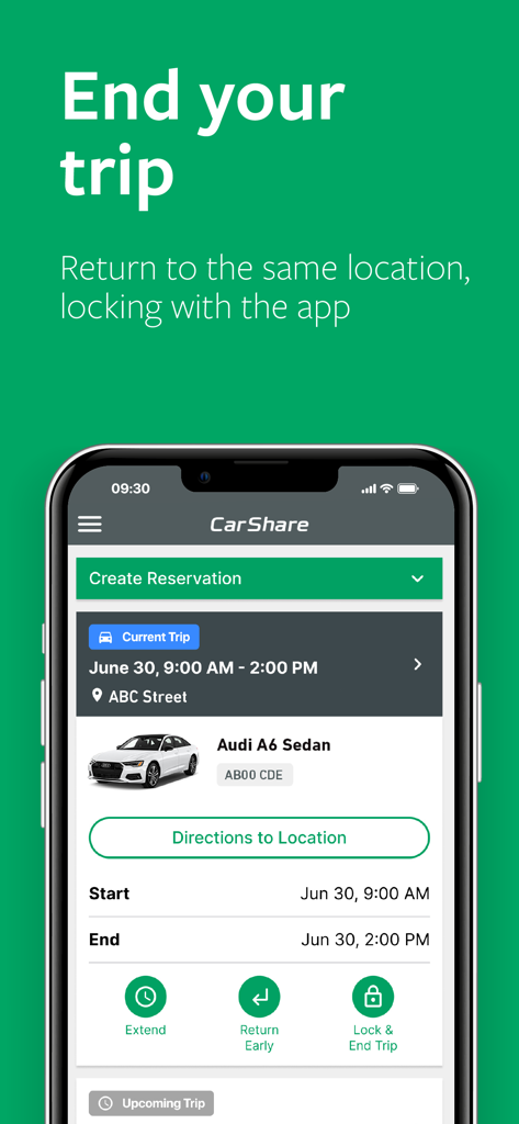 Enterprise CarShare - Interface of Enterprise CarShare app showing details and management options for a current car rental trip