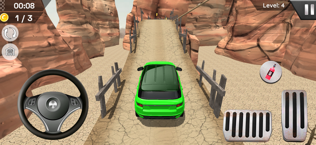 Car Driving Game - Hill Climb - A green SUV driving through a rocky canyon in a 3D hill climb game