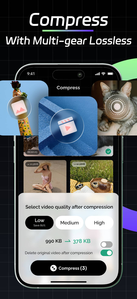 PixBox: Compress & Clean - PixBox app screen showing options to select video quality after compression to save phone storage.