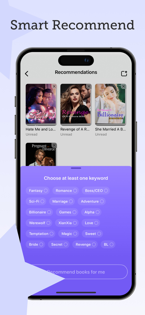 Bookastle app interface showing AI-powered smart recommendations with keyword selection for romance novels.