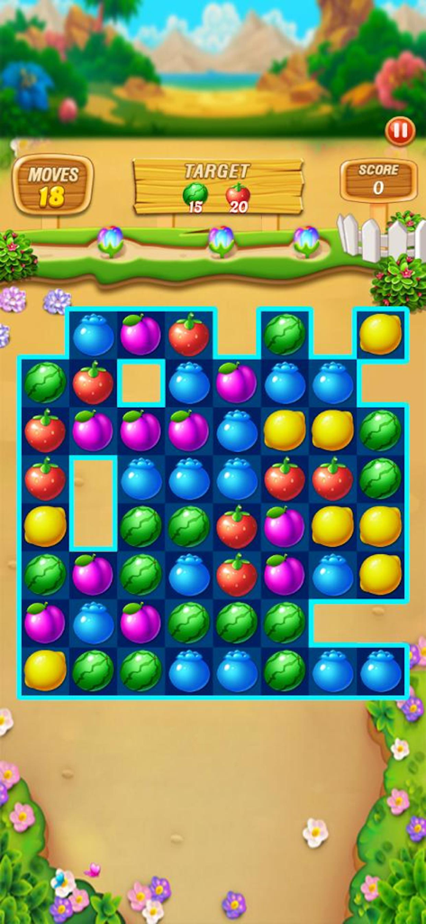 수박과 딸기에 대한 목표 점수가 있는 다채로운 과일 그리드를 보여주는 Fruit Frenzy Link Match Puzzle의 게임 플레이 스크린