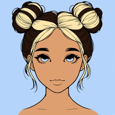 realistic girl with two buns on top of her head